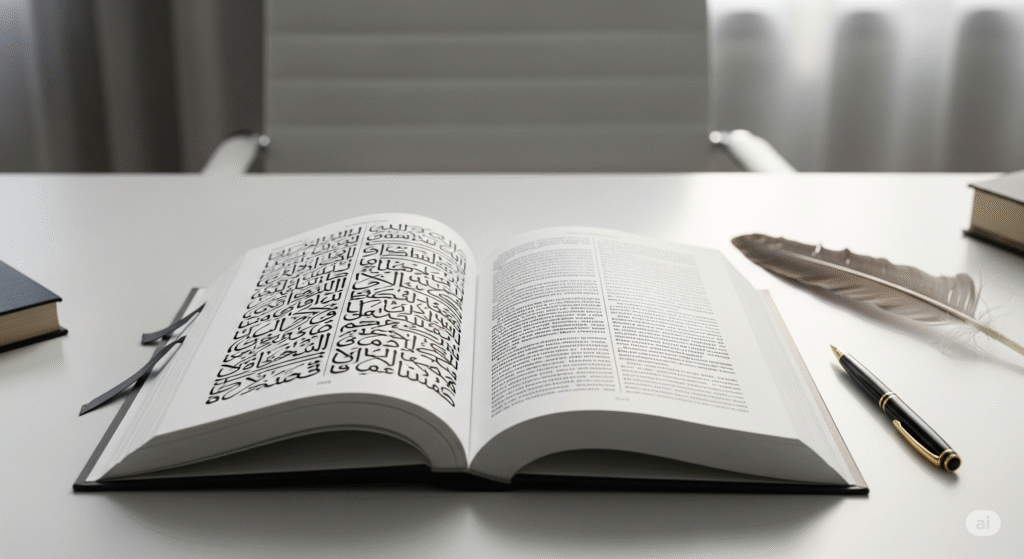 Livro aberto com escrita antiga e moderna, pena e caneta, simbolizando escribas e tradução.