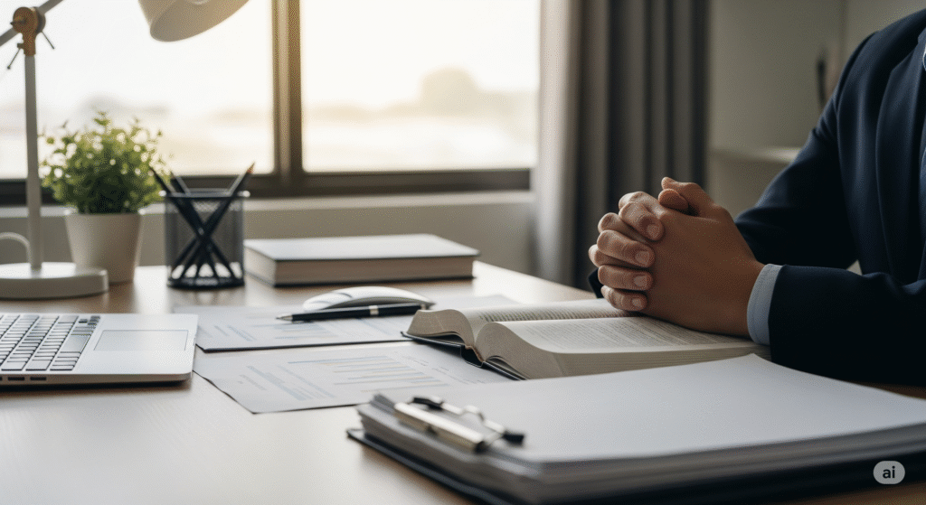 Mãos em oração sobre documentos de trabalho e uma Bíblia aberta em uma mesa de escritório, simbolizando fé, propósito e dedicação no ambiente profissional.