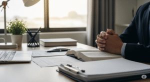 Mãos em oração sobre documentos de trabalho e uma Bíblia aberta em uma mesa de escritório, simbolizando fé, propósito e dedicação no ambiente profissional.