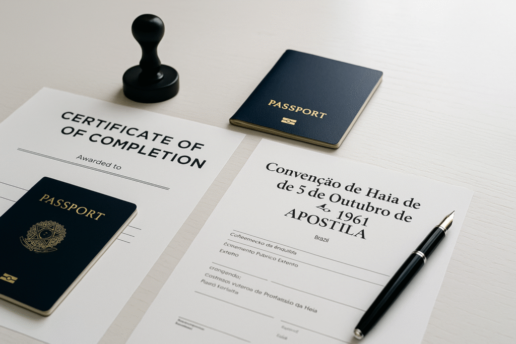 Documentos oficiais com carimbo, caneta e papéis organizados sobre uma mesa elegante para validação internacional