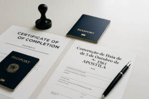 Documentos oficiais com carimbo, caneta e papéis organizados sobre uma mesa elegante para validação internacional