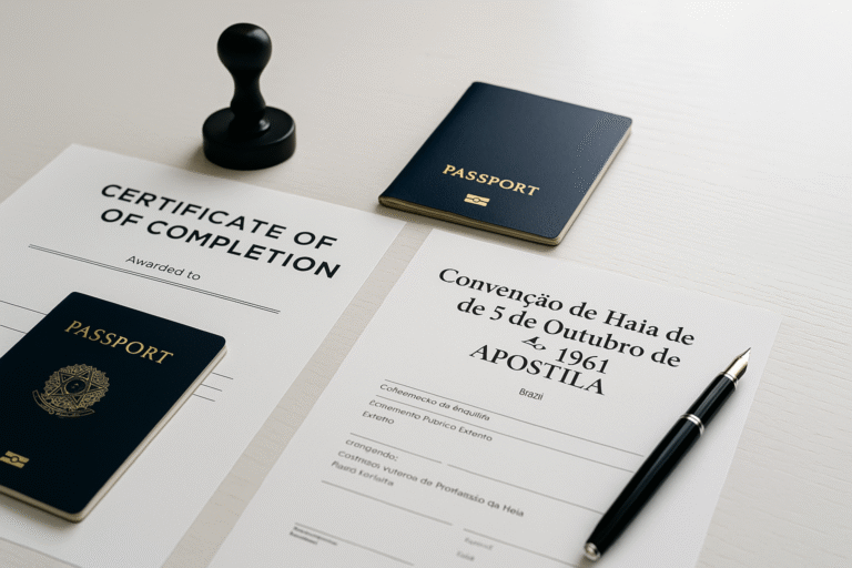 Documentos oficiais com carimbo, caneta e papéis organizados sobre uma mesa elegante para validação internacional