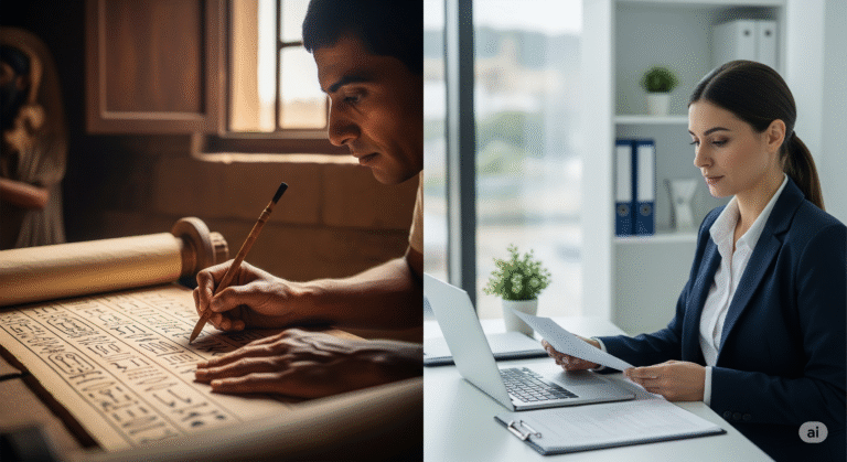 Um escriba antigo escrevendo em um pergaminho e um profissional moderno trabalhando em um laptop, simbolizando a continuidade do legado dos escribas.