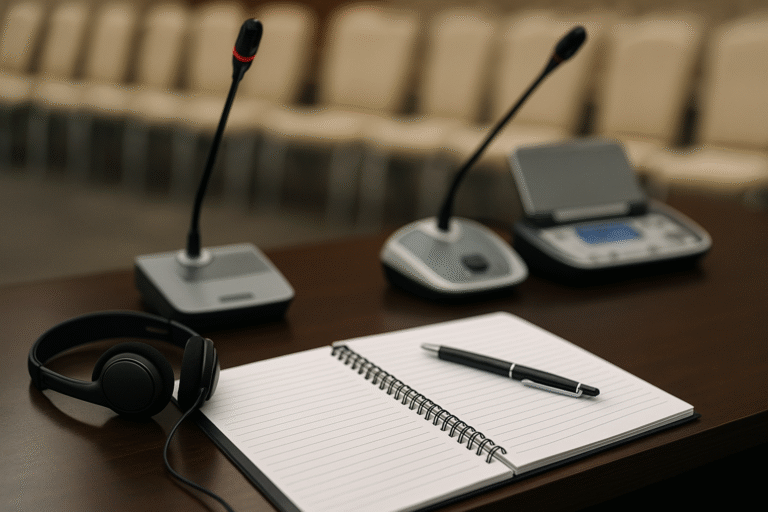 Mesa com equipamentos de tradução simultânea, incluindo fones, microfone e receptores organizados para evento internacional.