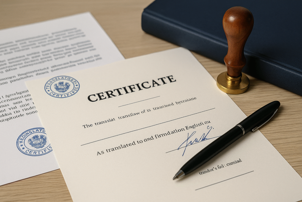 Imagem ilustrando tradução certificada para certificações internacionais: documentos com carimbos e assinatura sobre uma mesa.