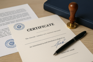 Imagem ilustrando tradução certificada para certificações internacionais: documentos com carimbos e assinatura sobre uma mesa.