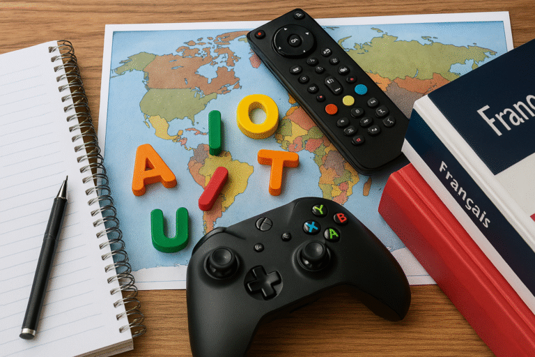 Imagem ilustrando gamificação no ensino de idiomas: notebook com gráficos coloridos, medalhas digitais e quadro-negro com palavras em inglês, espanhol e francês.